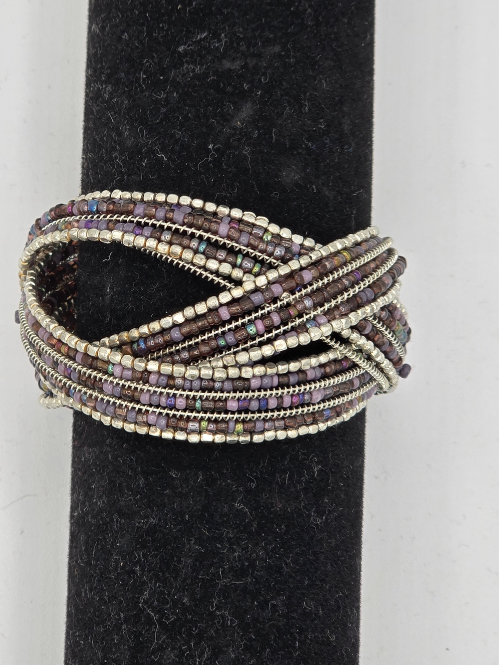 Purple & Silver Woven Seed Bead Cuff Bracelet